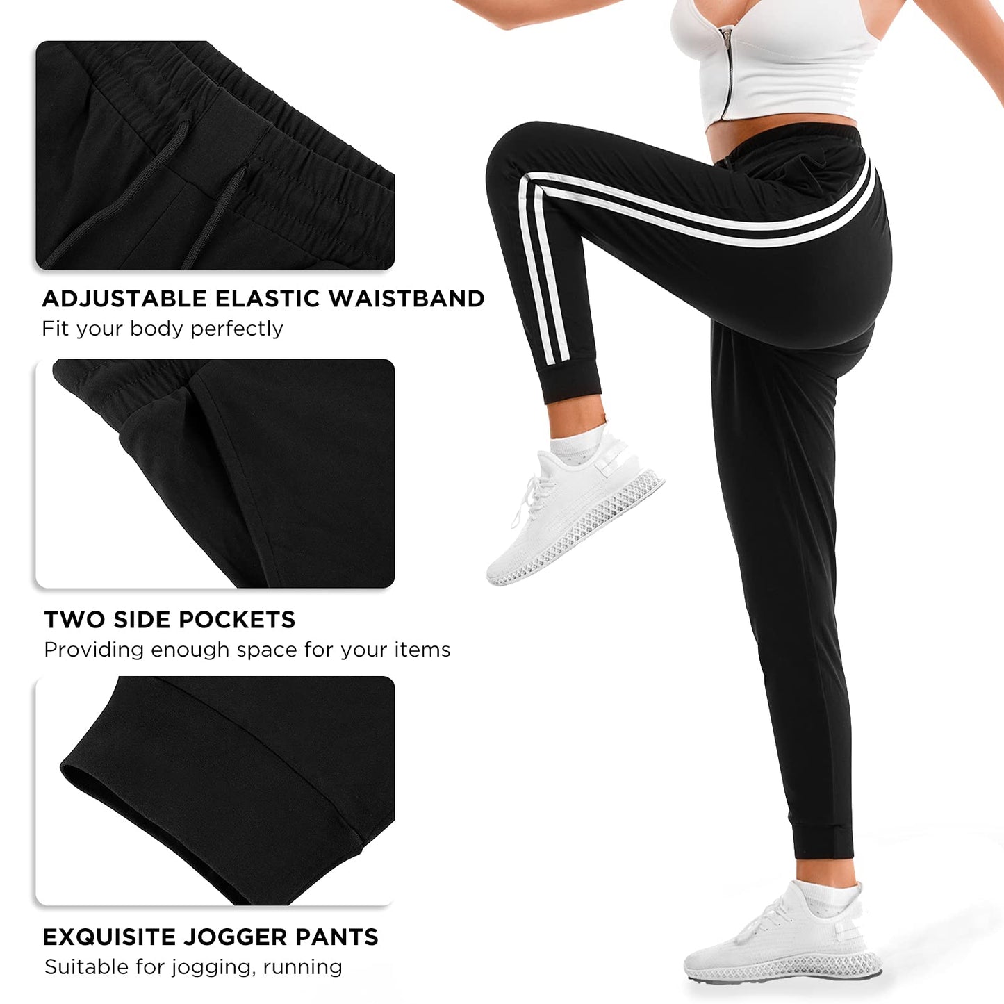 Stanpetix Joggers for Women - Womens Sweatpants with Pockets Sport Pants Black Trousers for Women UK（Black with White Strip, M