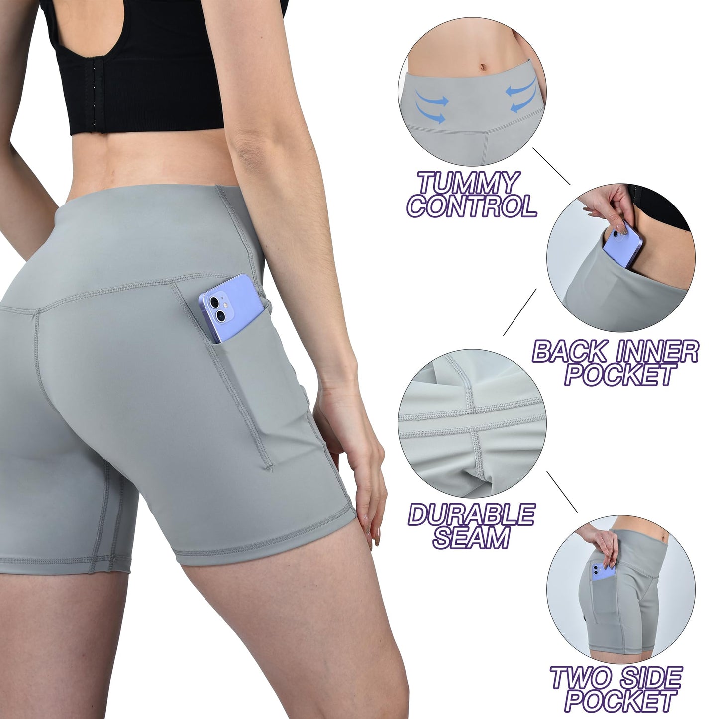 Stanpetix Biker Shorts for Women with Pockets - High Waisted Yoga Shorts 6" Workout Gym Shorts Tummy Control（Grey，Medium）